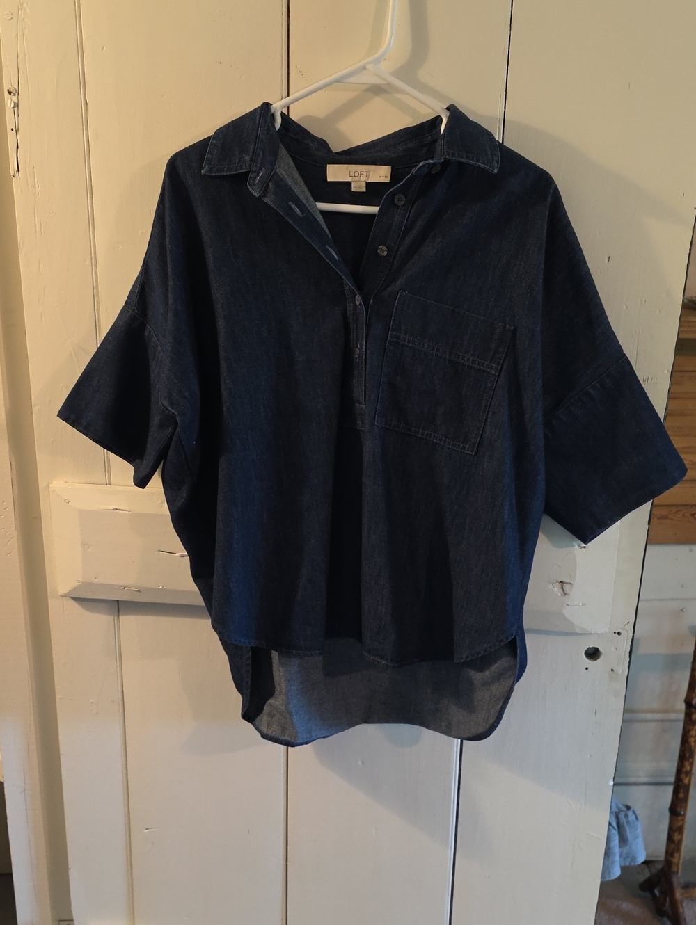 LOFT Dark Blue Denim Short-Sleeve Button-Front Popver Shirt